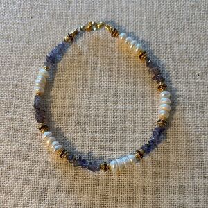 Handcrafted Pearl and Genuine Tanzanite Chips and Crystal Beaded Bracelet